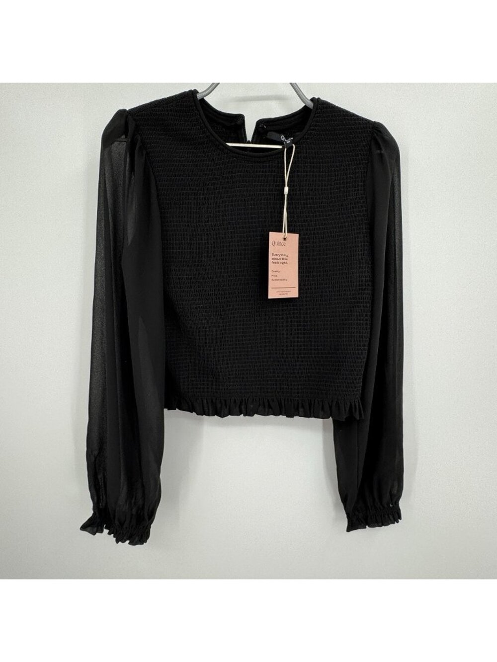 Quince Chiffon Cropped Smocked Blouse in Black size S NWT Long Sleeve Sheer Arm